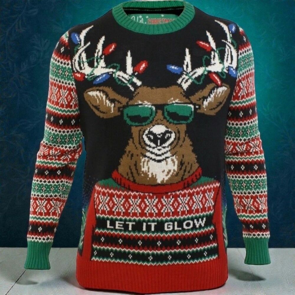 Ugly Sweater Co. Let It Glow Light-Up Reindeer Christmas Sweater 2XL Black